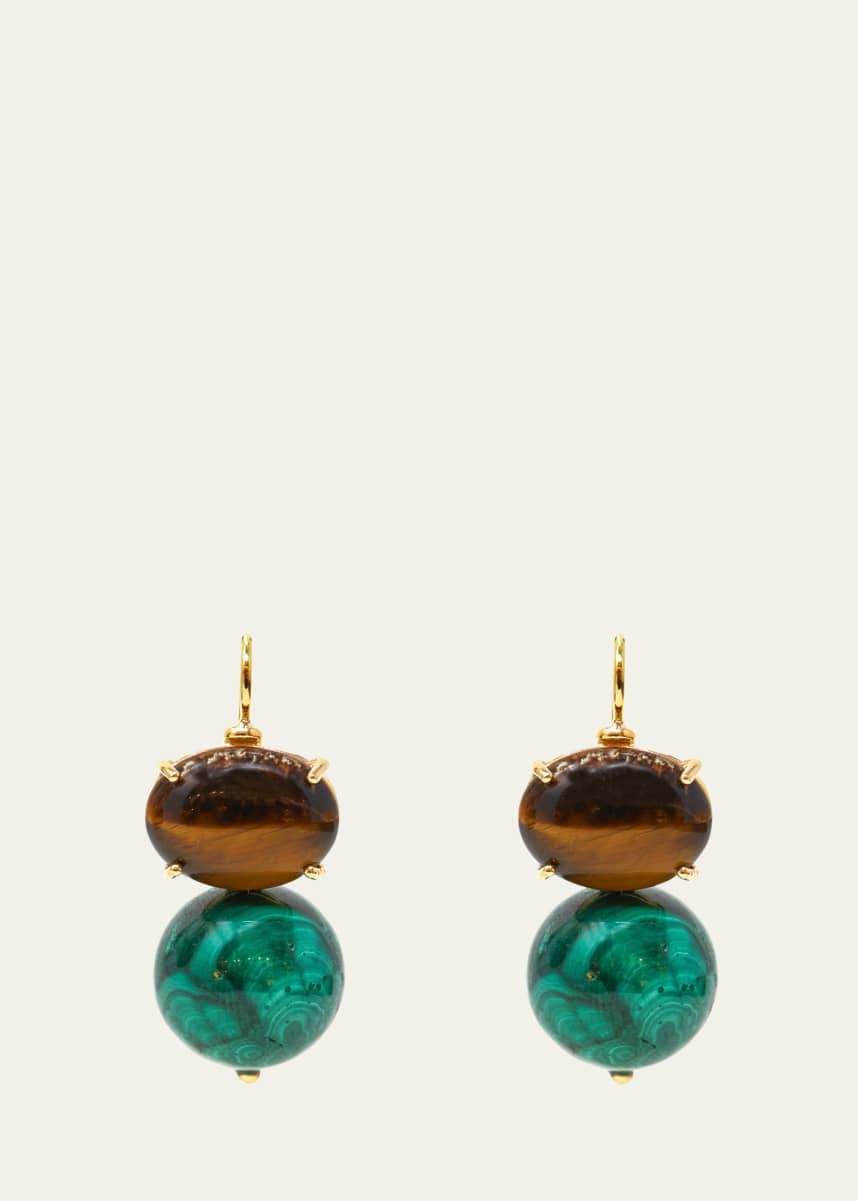 Grazia And Marica Vozza Yellow Gold Monachina and Boule Malachite Drop Earrings with Tigers Eye