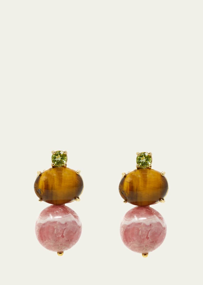 Grazia And Marica Vozza 18K Yellow Gold Drop Earrings with Boule Rhodochrosite, Tiger Eye, and Peridot