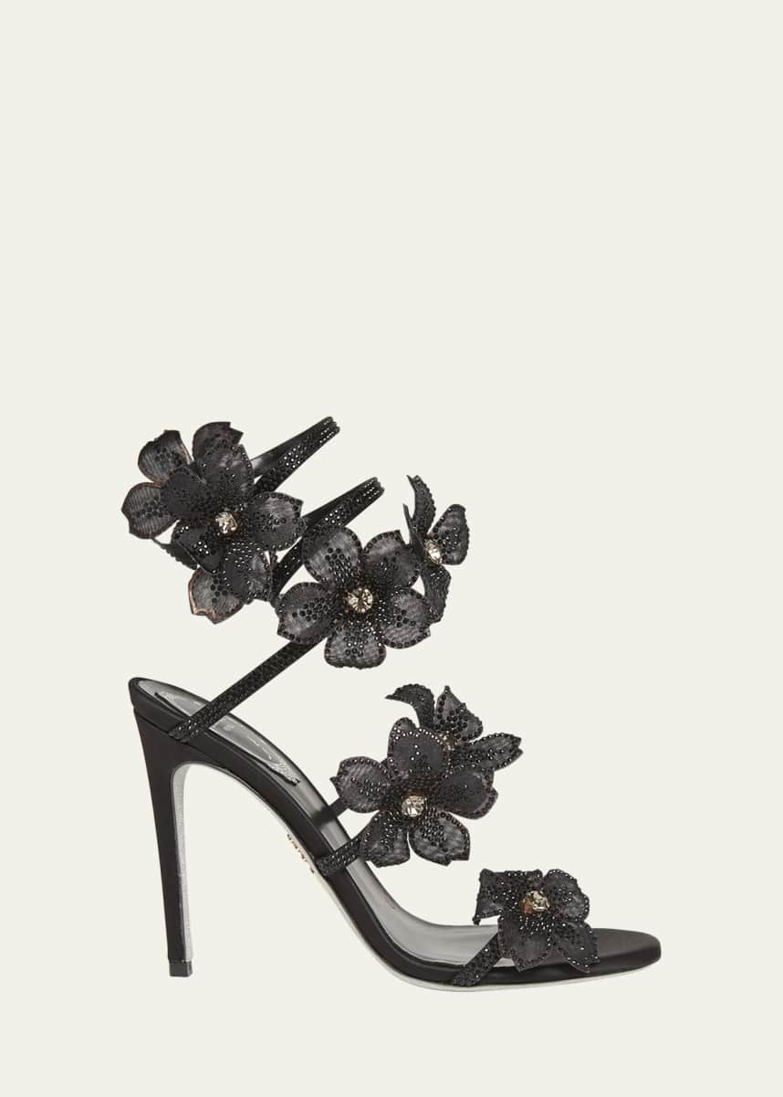 Rene Caovilla Satin Strass Flower Wrap-Up Sandals