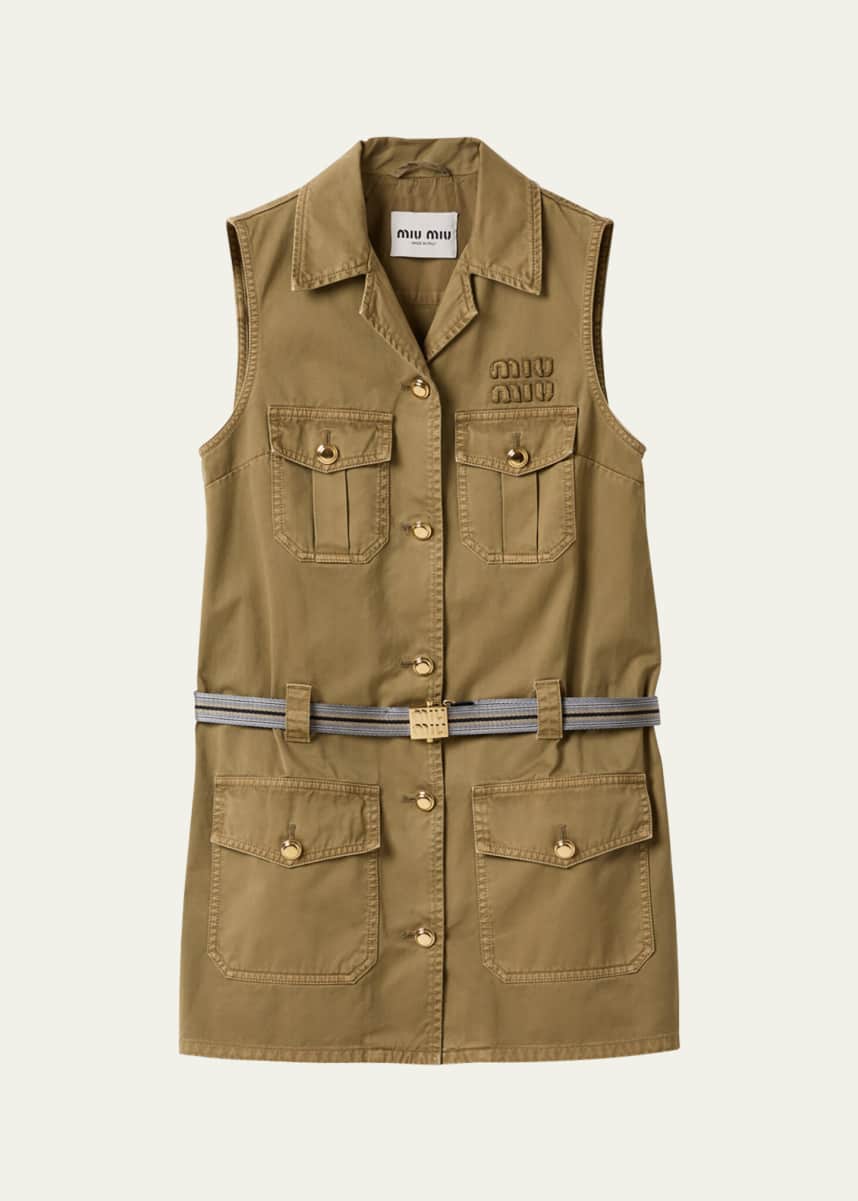 Miu Miu Belted Sleeveless Button-Down Mini Dress