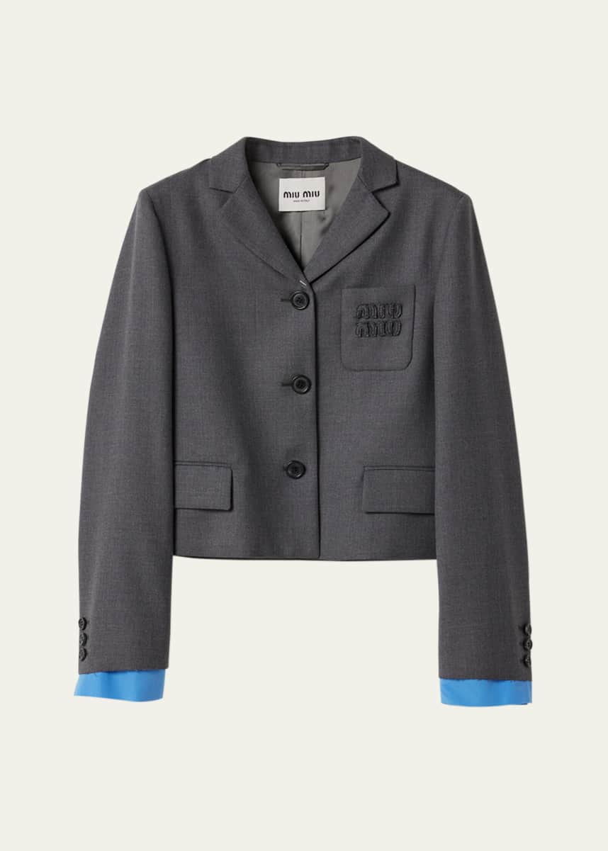 Miu Miu Logo Embroidered Cropped Wool Blazer Jacket