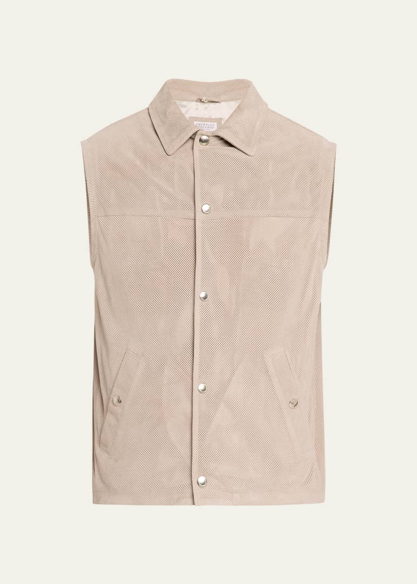 Brunello Cucinelli Men's Perforated Suede Snap-Front Vest