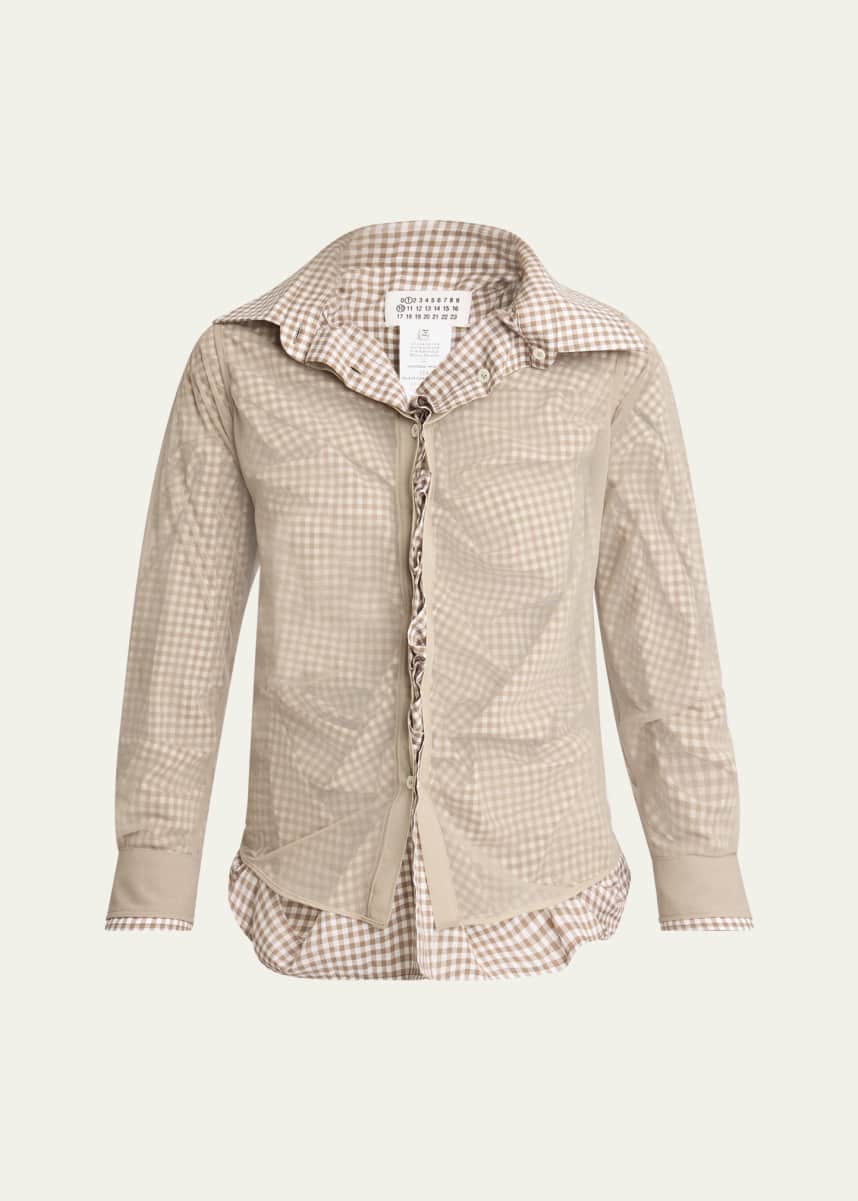 Maison Margiela Ruched Hybrid Check Button Down Blouse