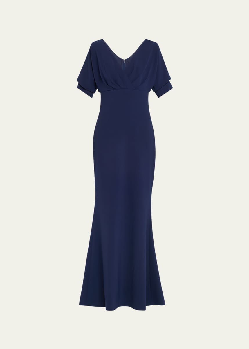 Badgley Mischka Pleated Dolman-Sleeve Mermaid Gown
