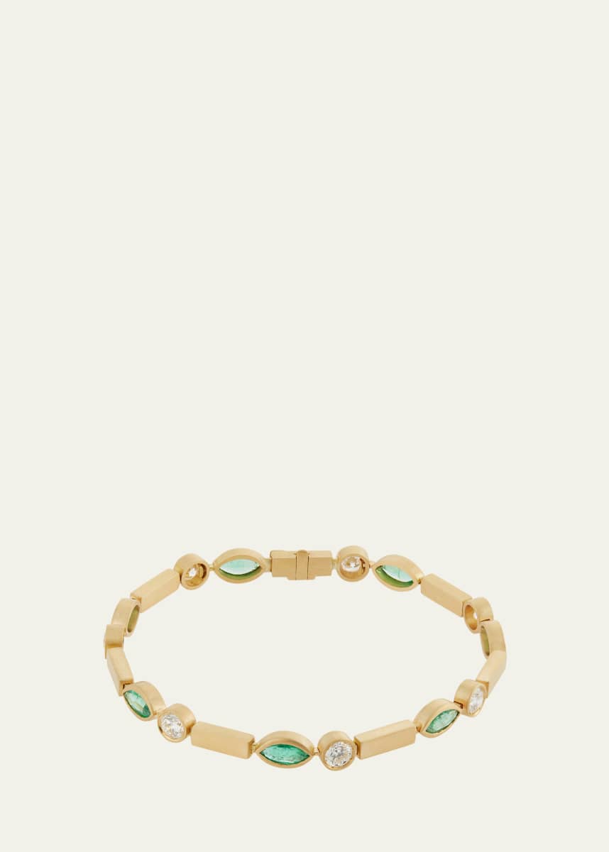 ILEANA MAKRI Emerald Navette Stream Bracelet with Diamonds in 18K Yellow Gold