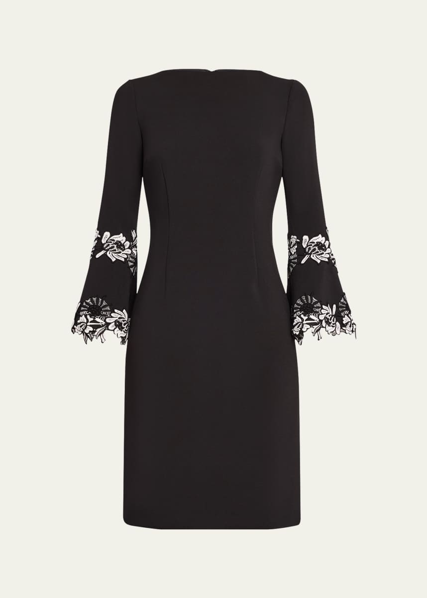 Rickie Freeman for Teri Jon Bell-Sleeve Floral Applique Crepe Dress