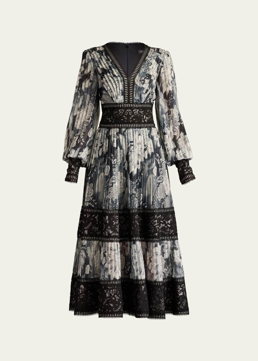 Tadashi Shoji Pleated Lace Tiered Floral-Print Midi Dress