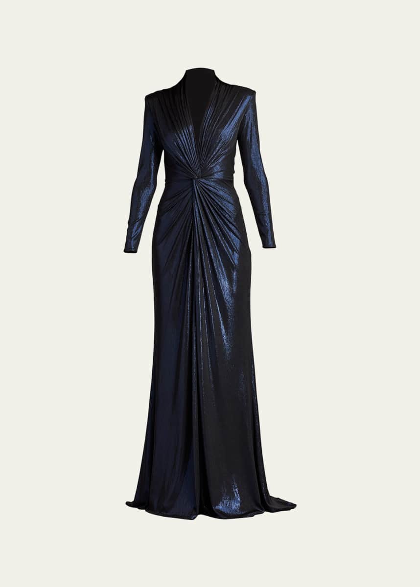 Tadashi Shoji Twist-Front Metallic Jersey Column Gown