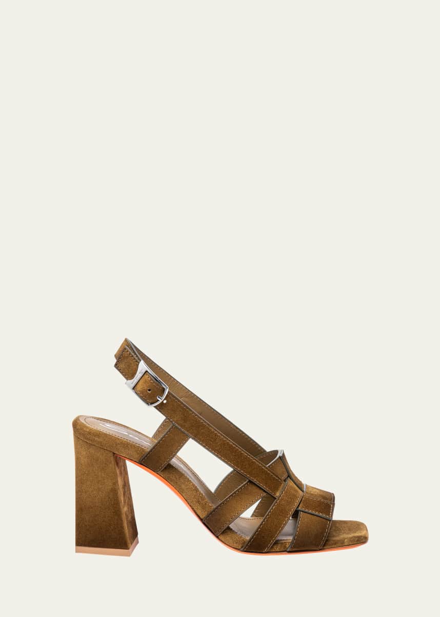 Santoni Venere Caged Suede Block-Heel Sandals