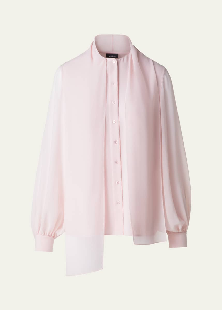 Akris Button-Down Silk Georgette Scarf Blouse
