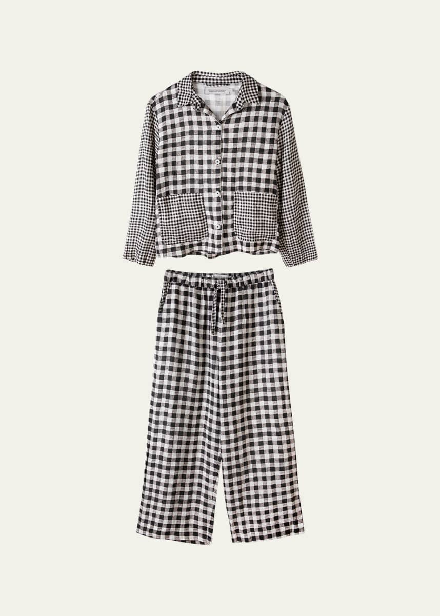Desmond & Dempsey Cropped Gingham-Print Linen Pajama Set