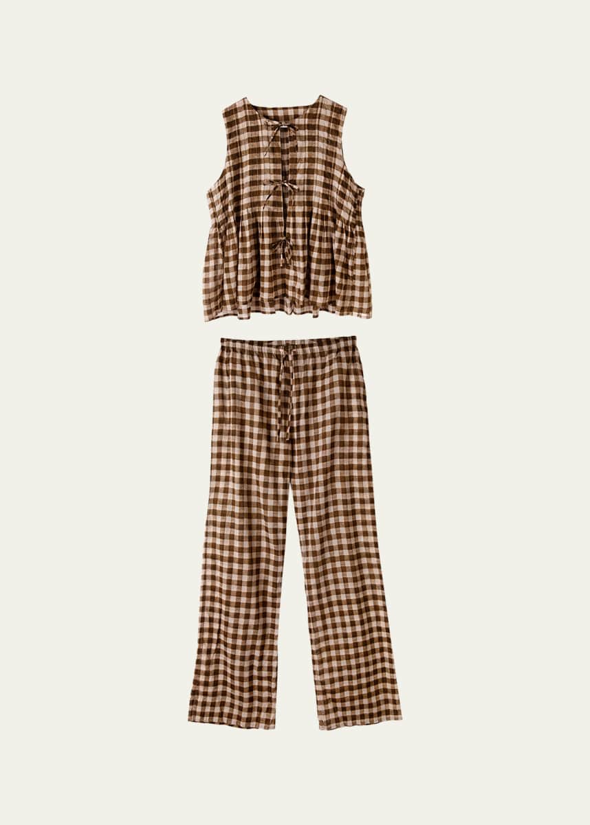 Desmond & Dempsey Gingham-Print Pleated Cami Lounge Set