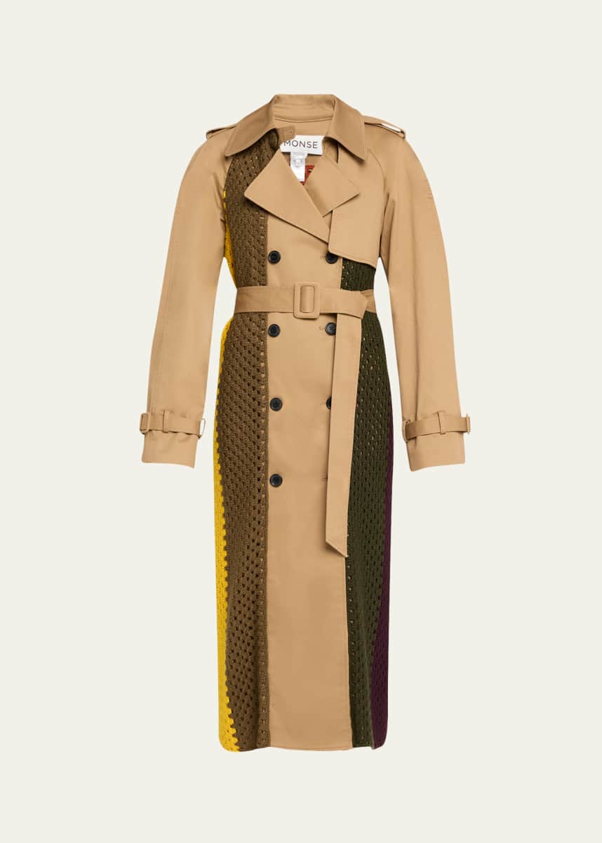 Monse Mixed-Media Crochet Belted Trench Coat