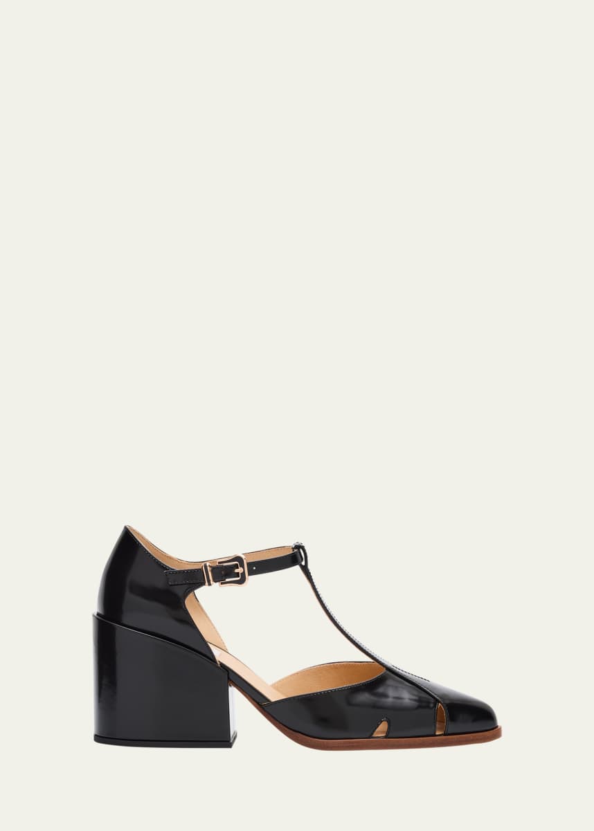Gabriela Hearst Evita T-Strap Leather Block-Heel Pumps