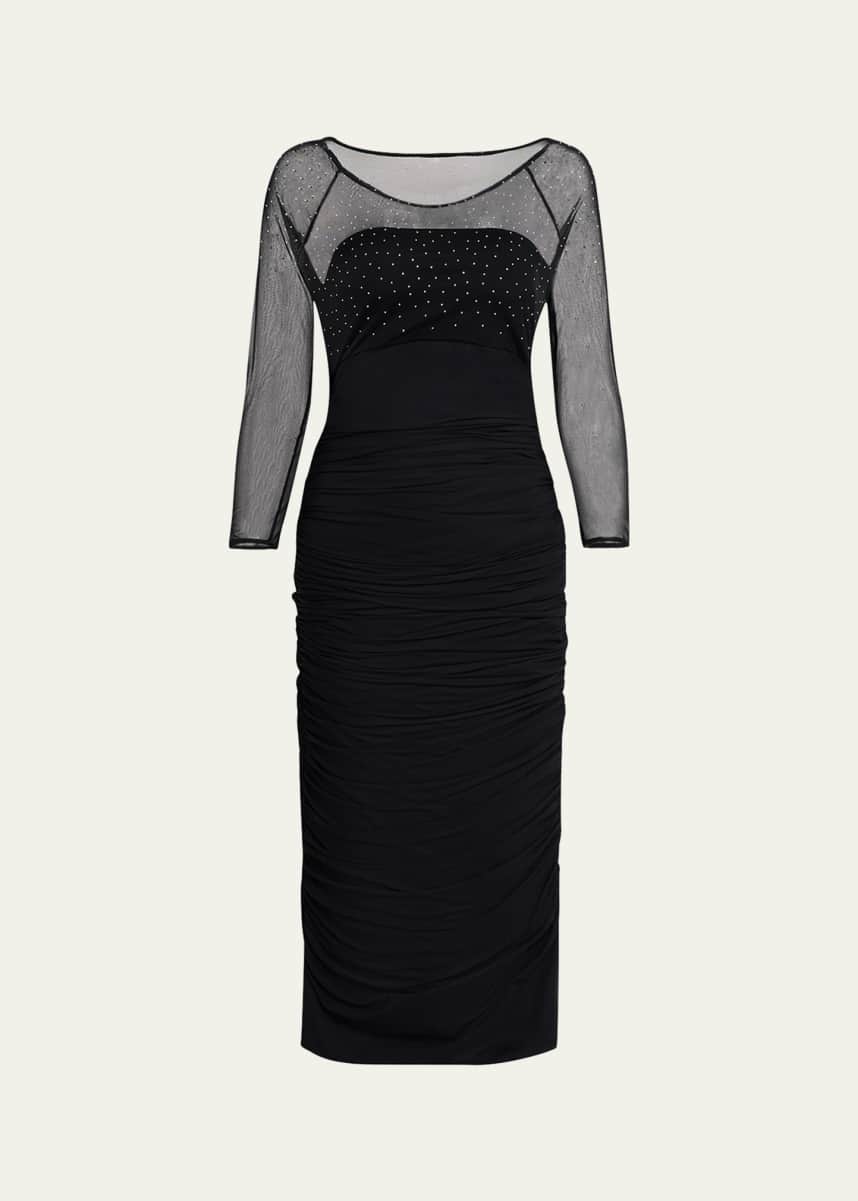 Chiara Boni La Petite Robe Gyun Ruched Rhinestone Illusion Midi Dress