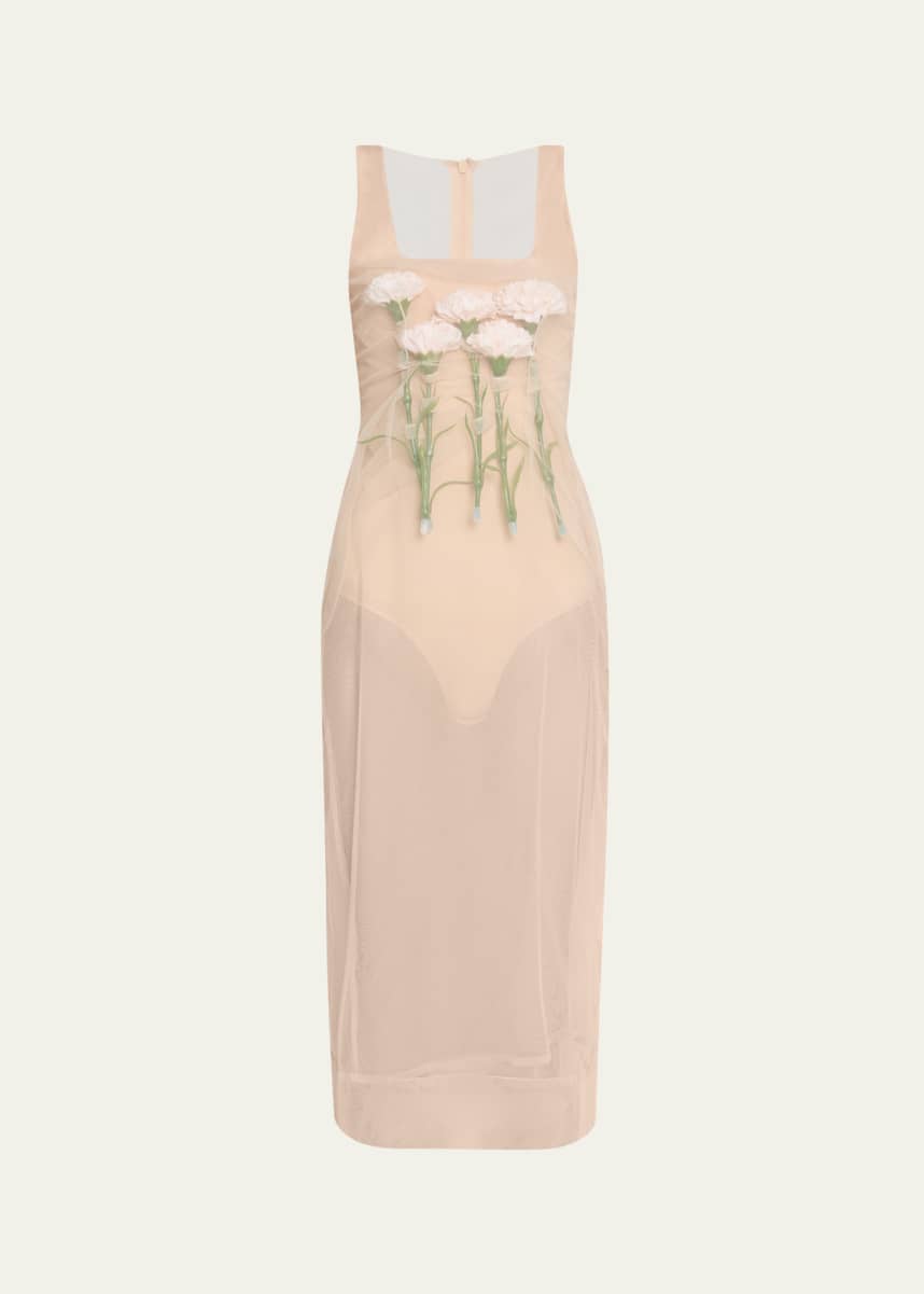 Simone Rocha Stuffed Carnation Square Neck Sheer Midi Dress