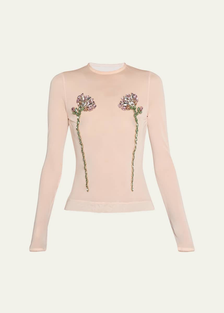 Simone Rocha Sheer Fitted Ballet Mesh Crystal Flowers Top