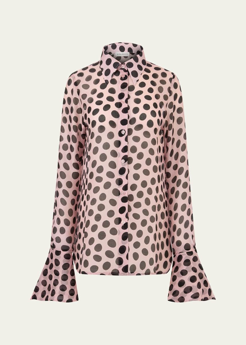 Nina Ricci Seersucker Polka Dot Bell Cuff Blouse