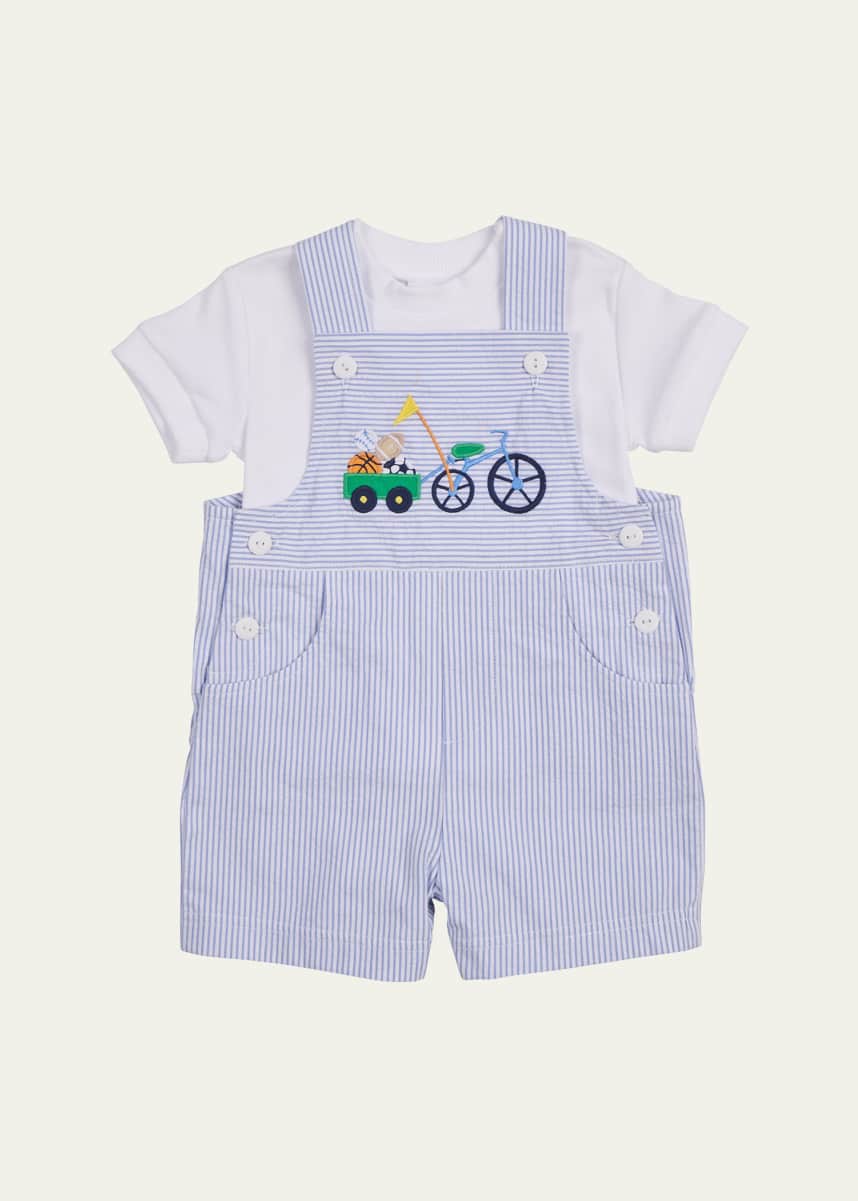 Florence Eiseman Boy's Seersucker Shortall W/ Bike & Sportsball, Size 6M-24M