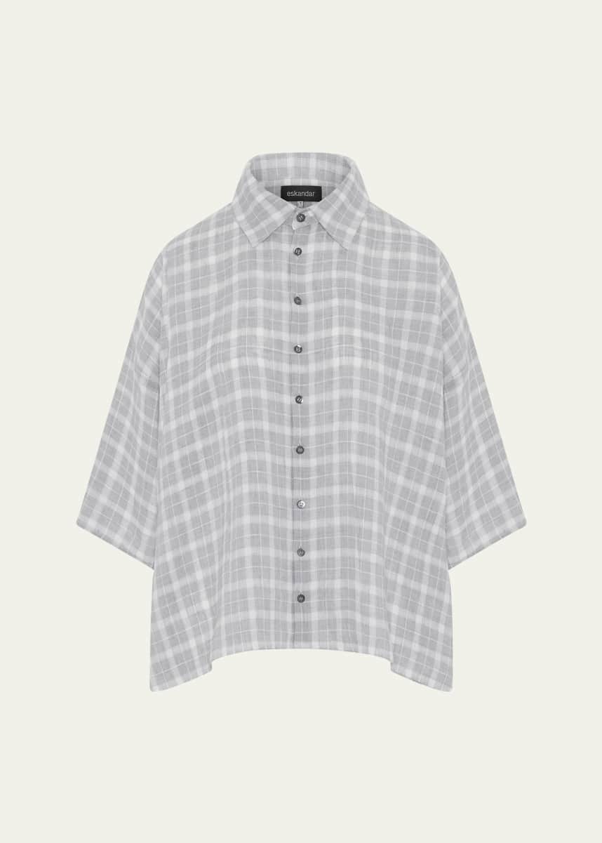Eskandar Sloped-Shoulder Wide A-Line Short-Sleeve Shirt With Collar (Mid Length)