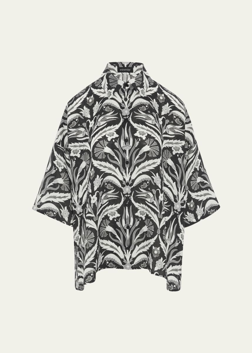 Eskandar Sloped-Shoulder Wide A-Line Short-Sleeve Shirt With Collar (Mid Plus Length)
