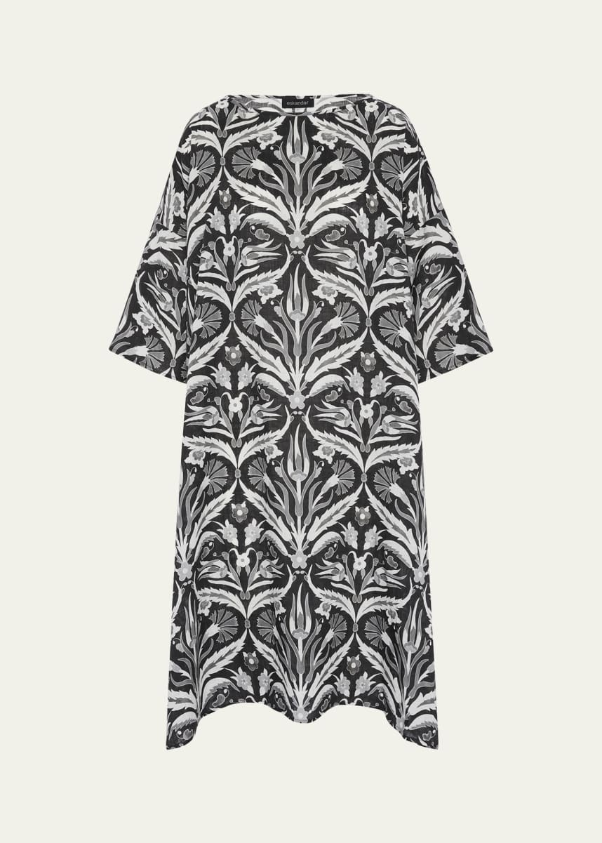 Eskandar Sloped-Shoulder Wide A-Line Short-Sleeve Scoop-Neck Dress