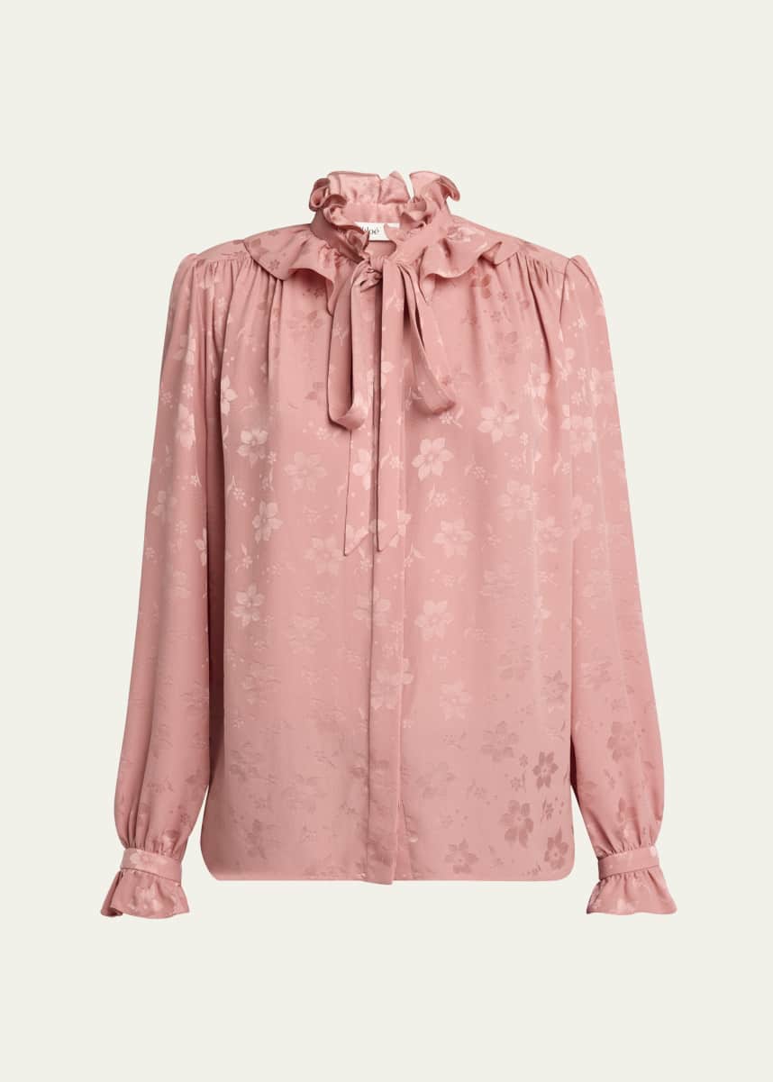 Chloe Floral Jacquard Tie-Neck Ruffle Blouse