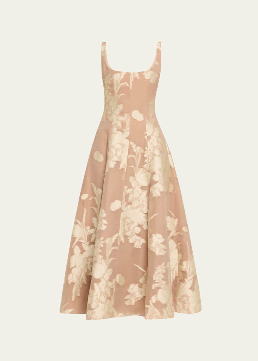 Lela Rose Floral Fil Coupe Paneled Sleeveless Midi Dress