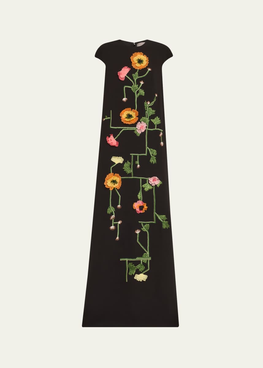 Lela Rose Augusta Floral Embroidered Cap-Sleeve Gown