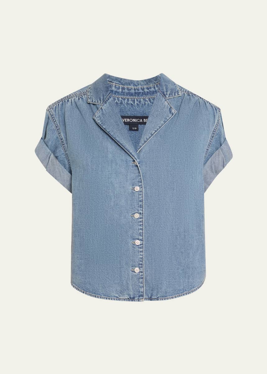 Veronica Beard Ilene Denim Cuff-Sleeve Top