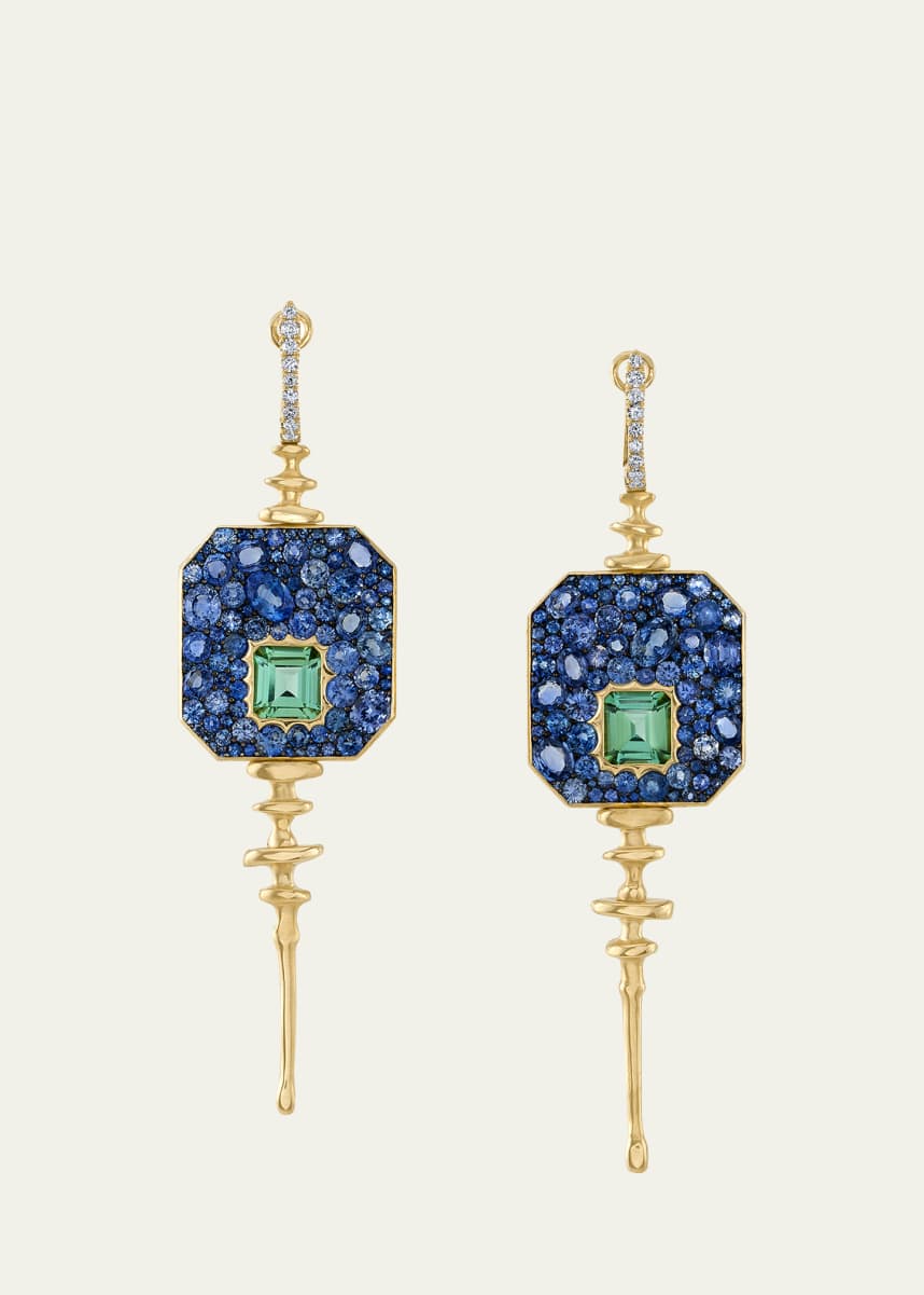 Vram One-Of-A-Kind 18K Gold Octagonal Chrona Disco Earrings with Sapphire, Tourmaline, and Diamonds