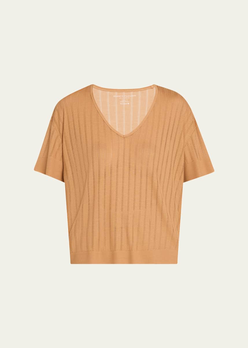 Majestic Filatures Pointelle V-Neck Rib Knit Top