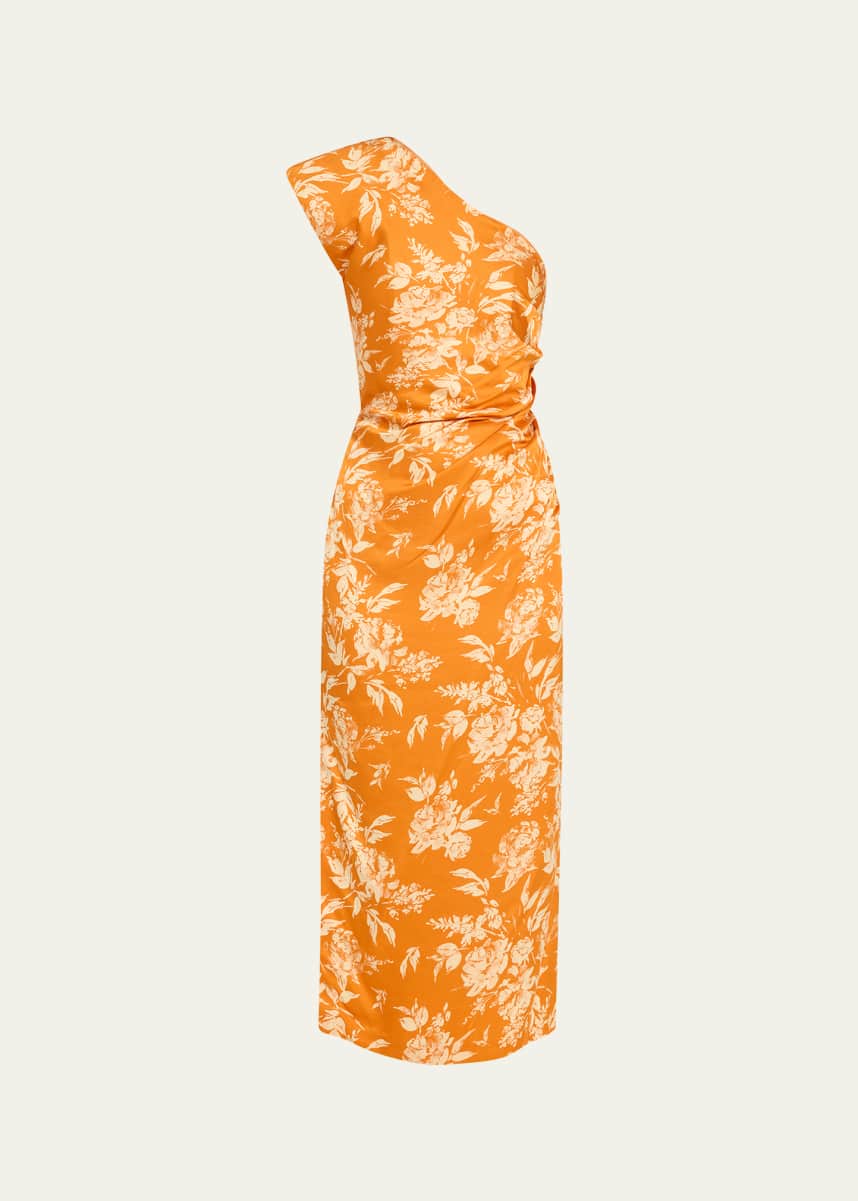 Rosie Assoulin Pad Me One-Shoulder Floral Draped Midi Dress