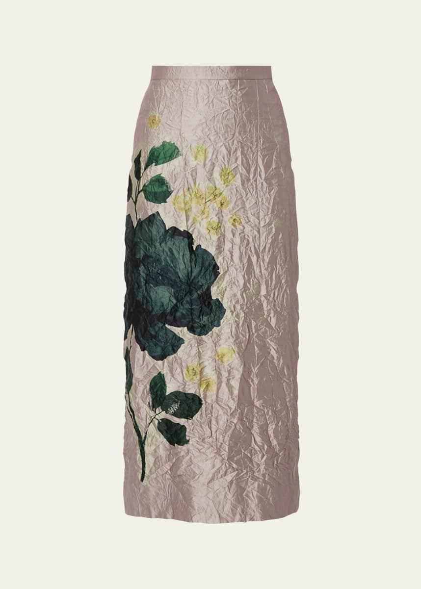 Erdem Floral Crinkle Pencil Midi Skirt
