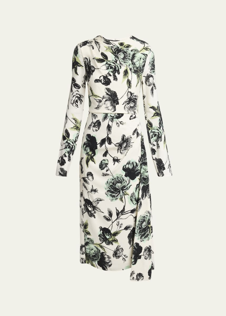 Erdem Floral Draped Long-Sleeve Midi Dress