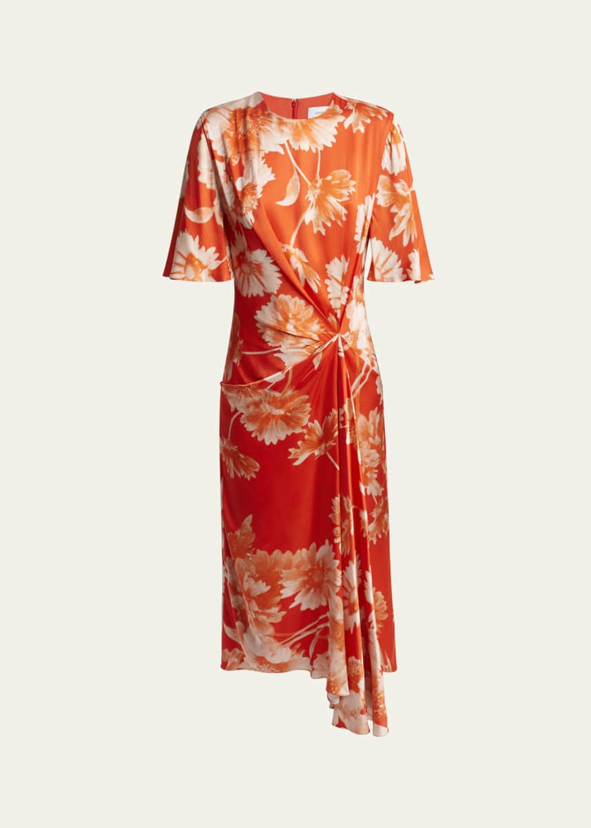 Erdem Floral Draped Asymmetric Satin Midi Dress