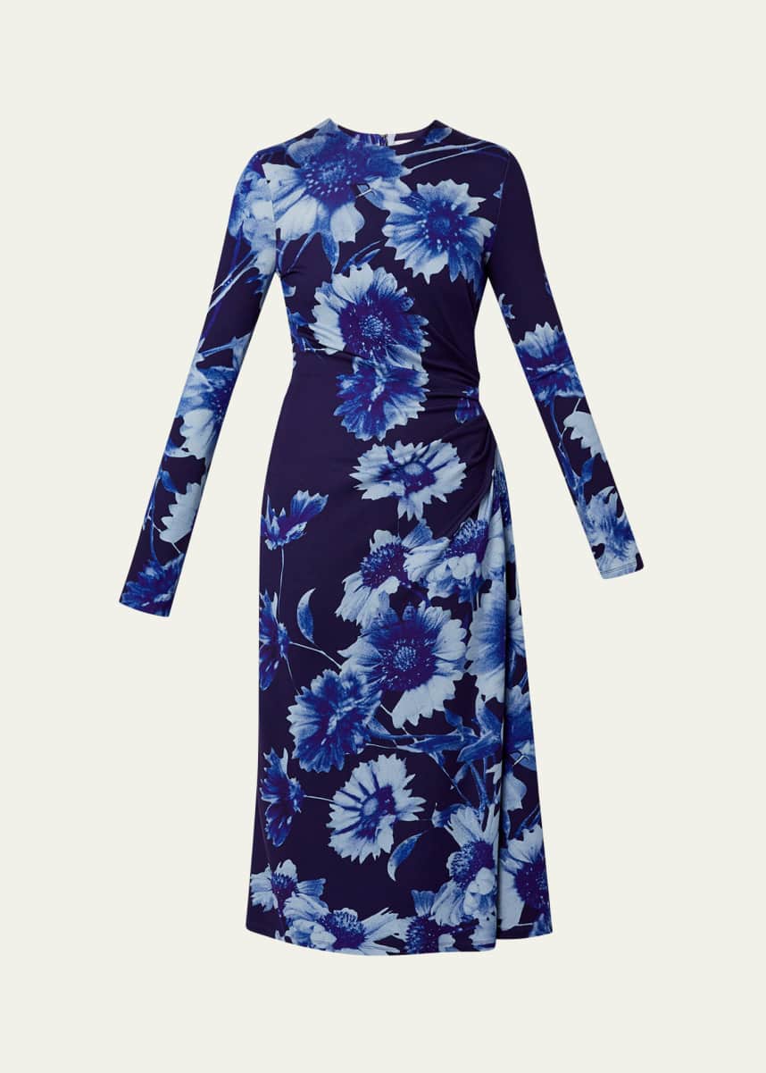 Erdem Floral Draped Long Sleeve Midi Dress