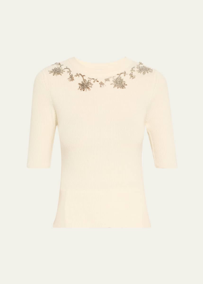 Prabal Gurung Floral Embroidered Elbow-Sleeve Rib Sweater