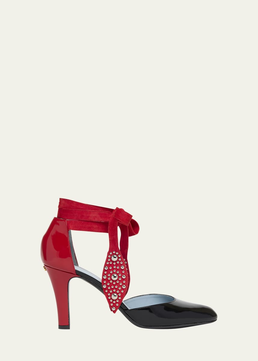 Valentino Garavani Bicolor Studded Mixed Leather Ankle-Wrap Pumps