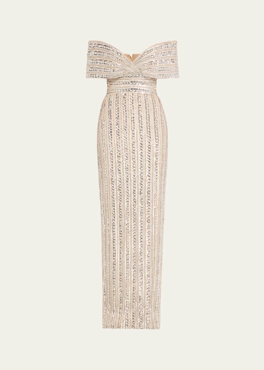 Pamella Roland Embroidered Tulle Off-The-Shoulder Gown