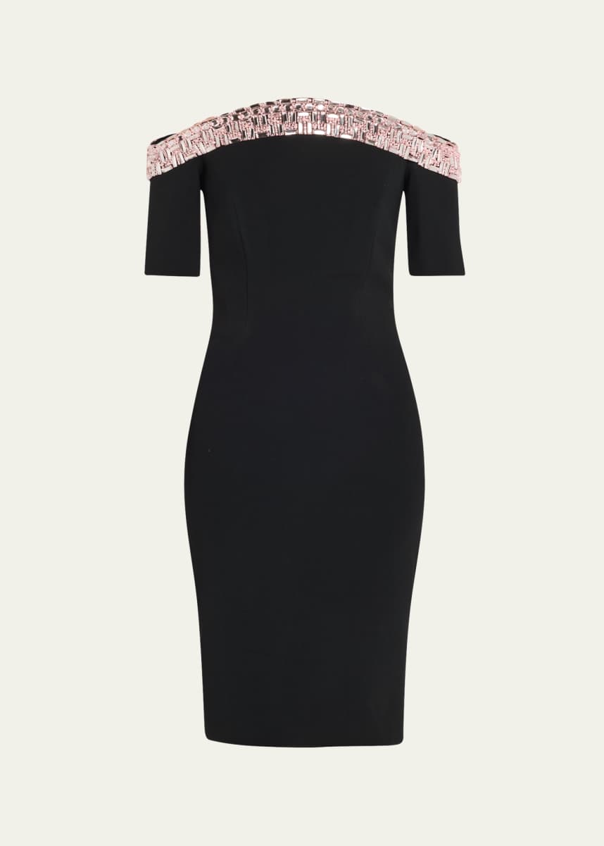 Pamella Roland Off-Shoulder Crystal Neck-Trim Crepe Cocktail Dress