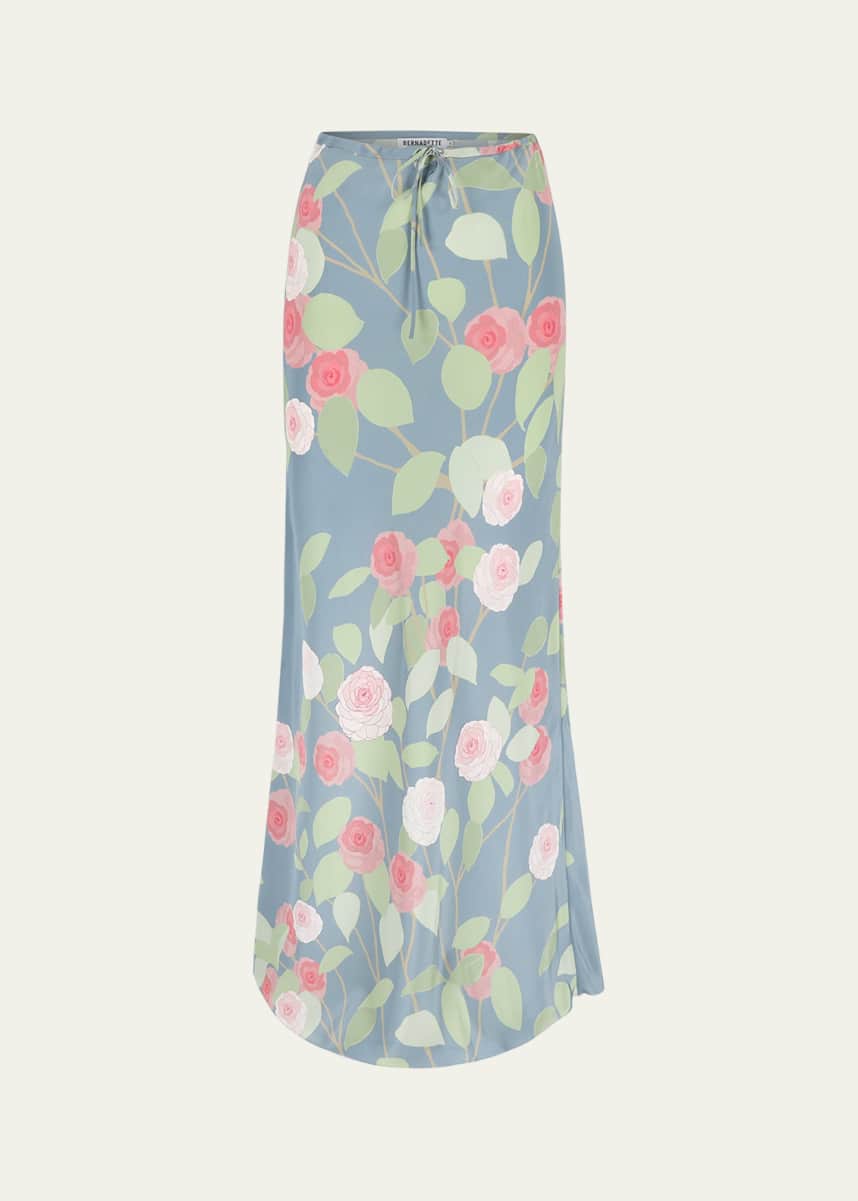 BERNADETTE Flower Printed Drawstring Silk Maxi Skirt