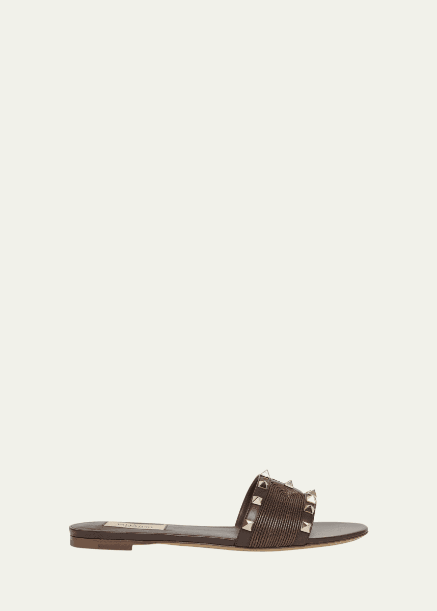 Valentino Rockstud Raffia Flat Slide Sandals