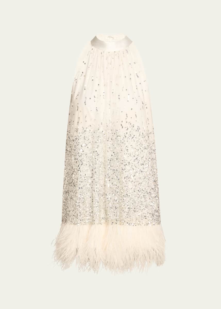 Alice + Olivia Erna Sequined Feather-Trim Mini Dress