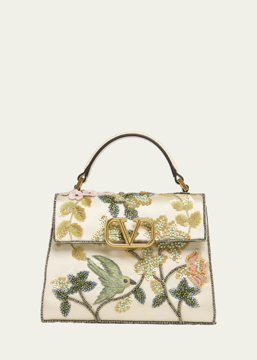 Valentino Garavani VSLING Mini Flower Bird Beaded Satin Top-Handle Bag