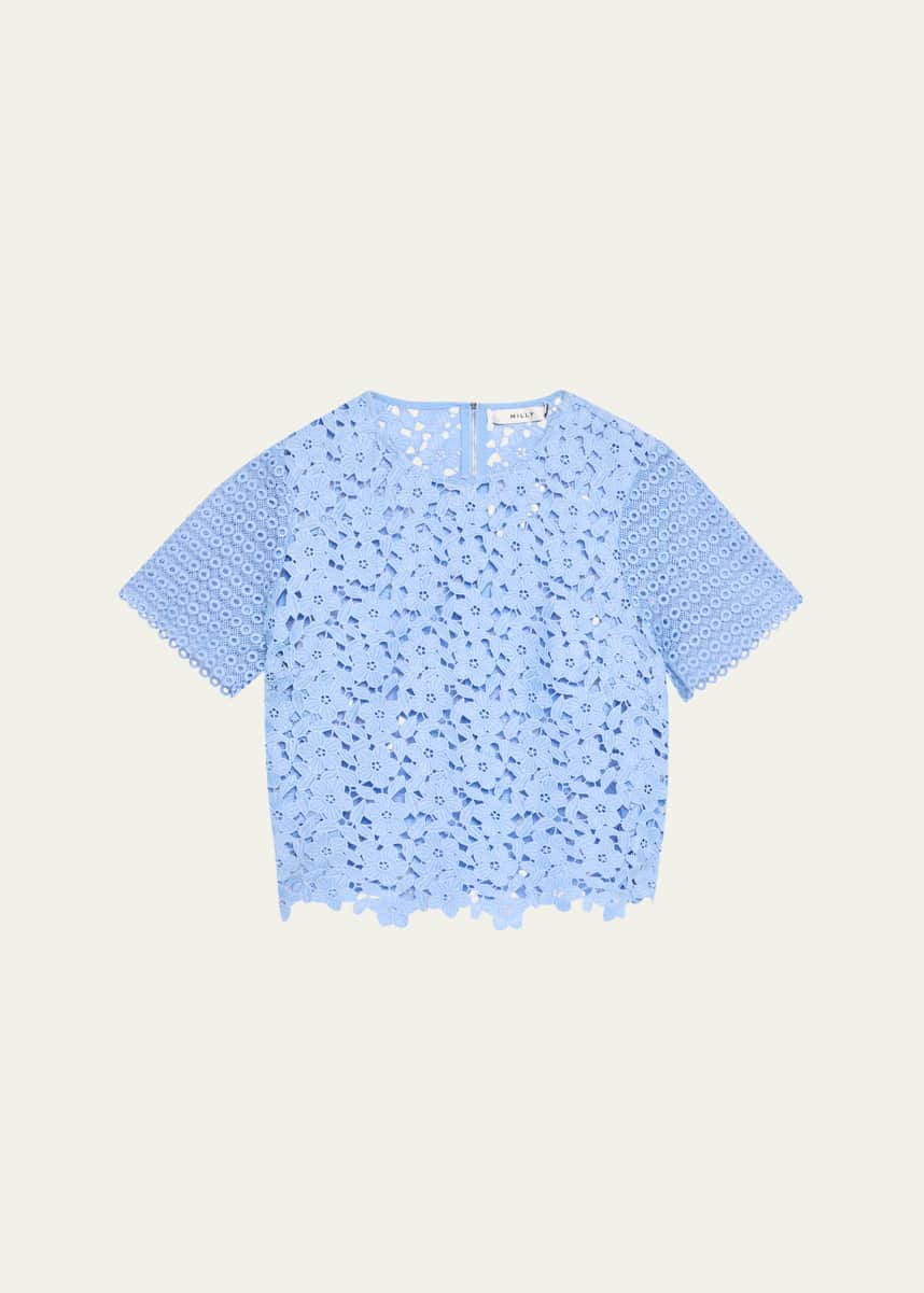 Milly Short-Sleeve Floral & Geometric Lace Top