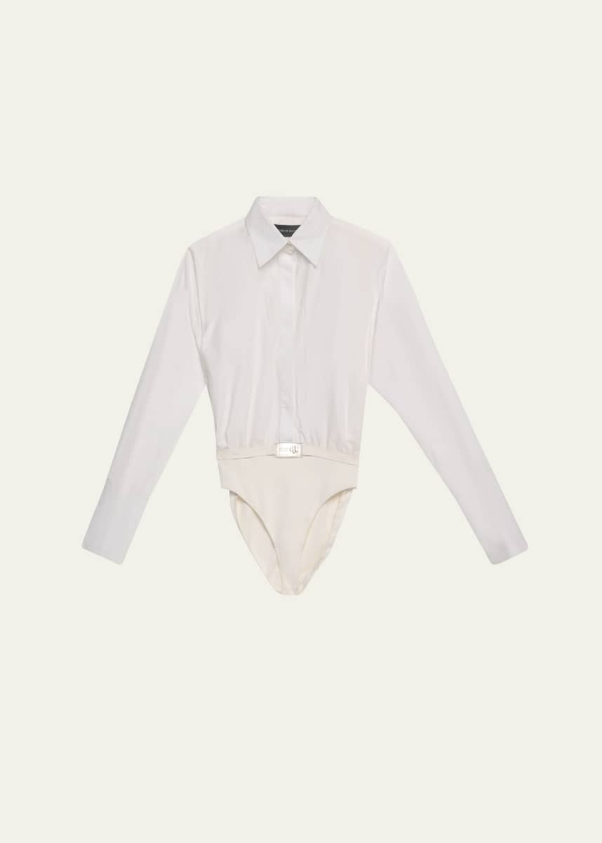 Brandon Maxwell The Bradshaw Button-Up Belted Bodysuit Shirt