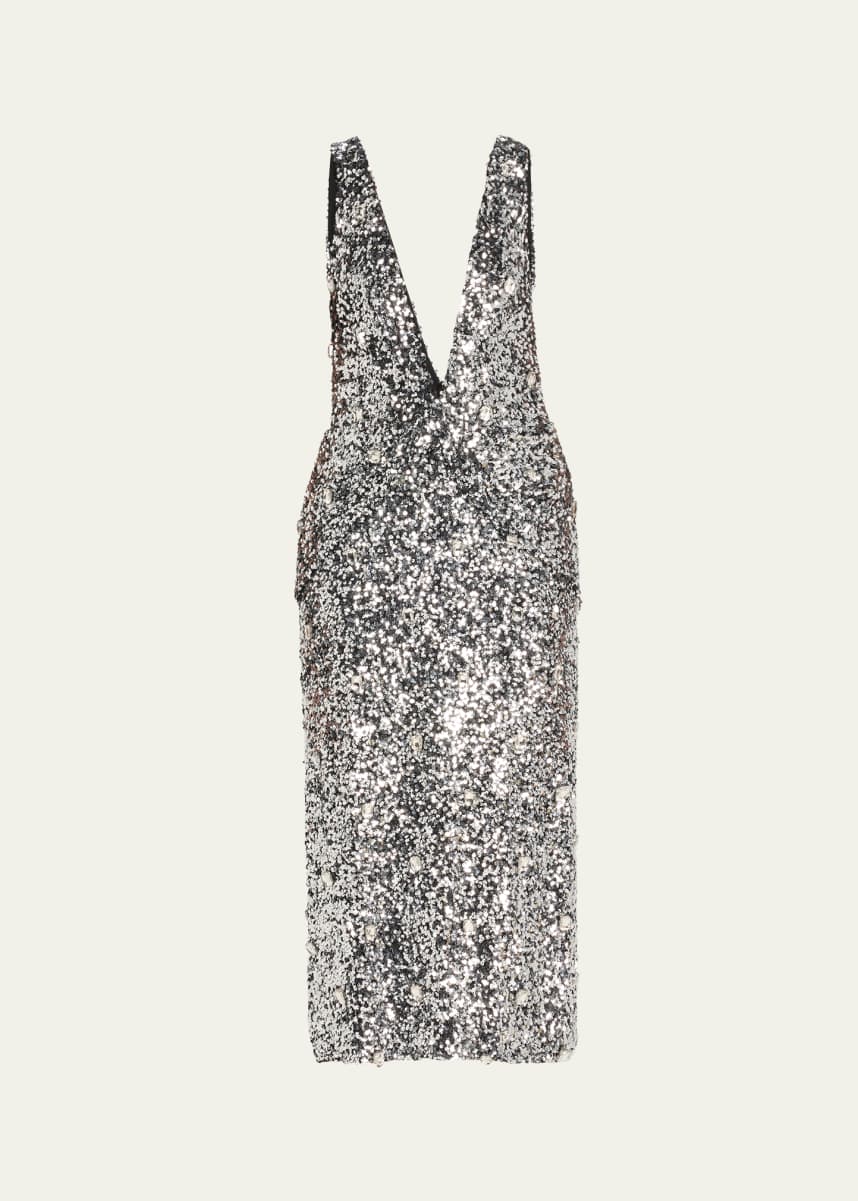Brandon Maxwell Santha Plunging Draped Sequin Midi Dress