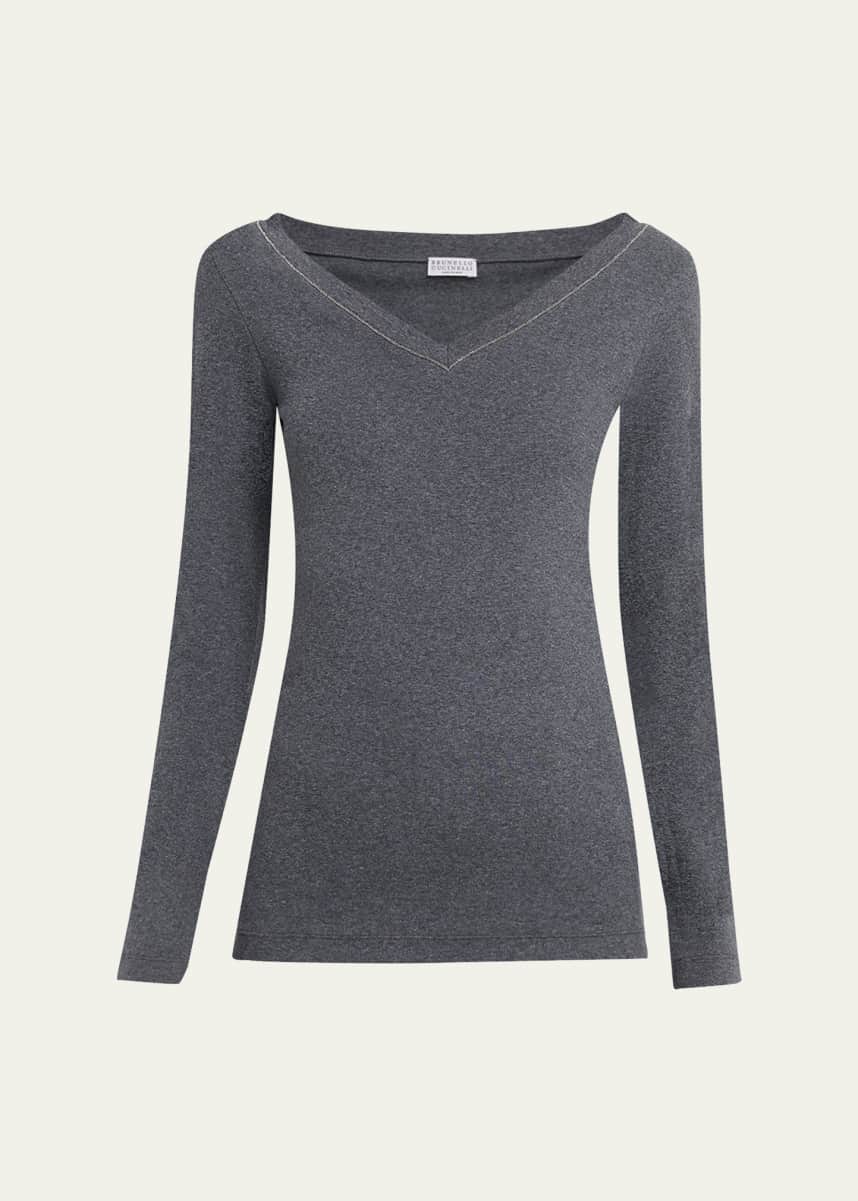 Brunello Cucinelli Monili V-Neck Long-Sleeve Cotton Rib Top