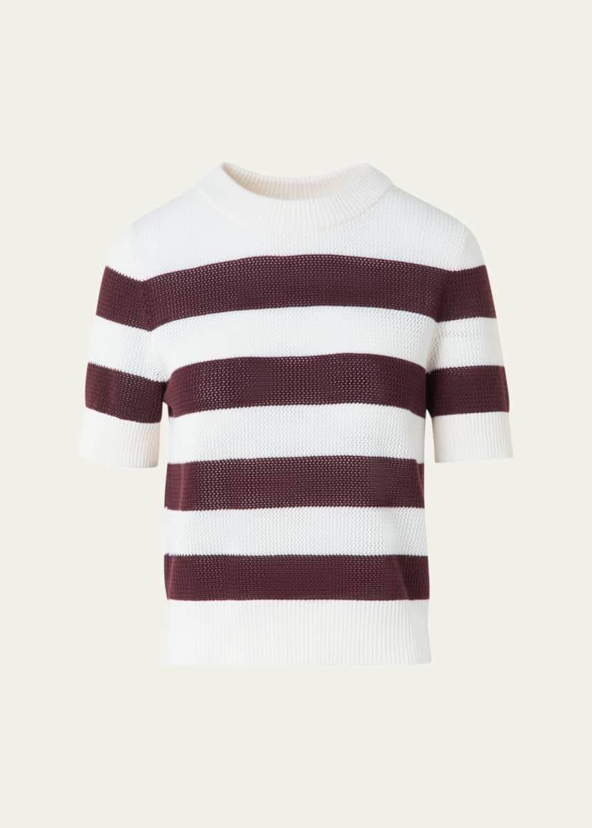 Akris punto Striped Cool Wool Mesh Knit Short-Sleeve Sweater